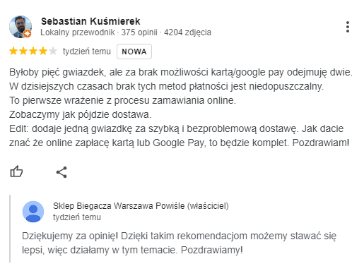 Sklep Biegacza odpowiada na nieprzychylną recenzję w wizytówce Google pod kątem sposobów płatności.