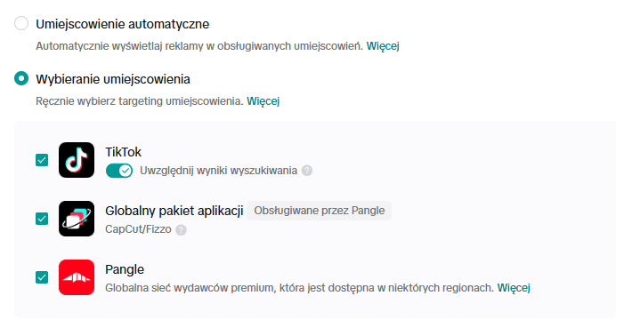 wybór umiejscowień reklam na TikToku