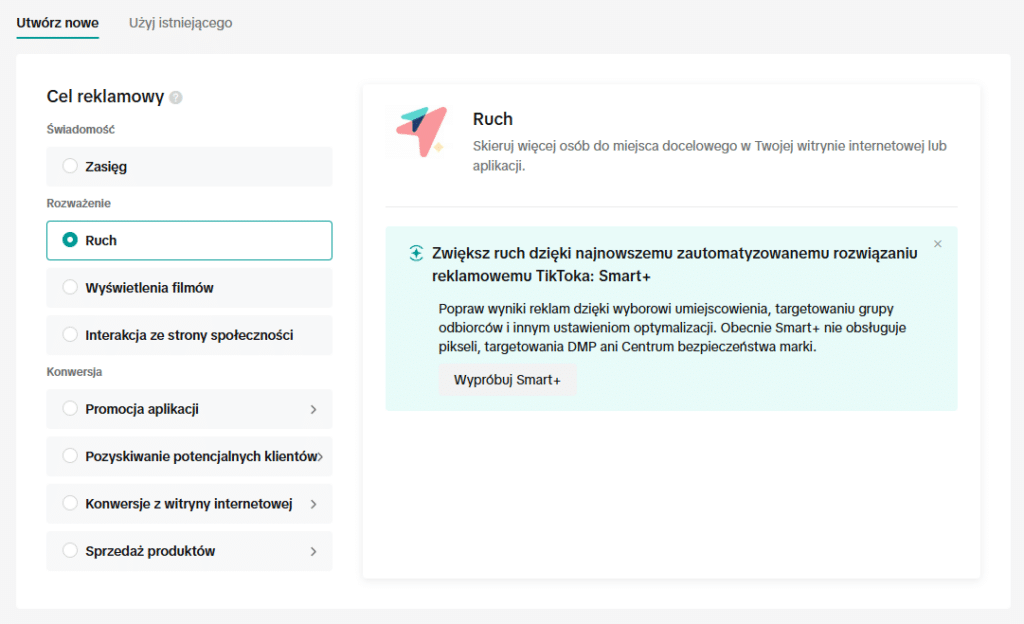 wybór celu reklamy TikTok Ads