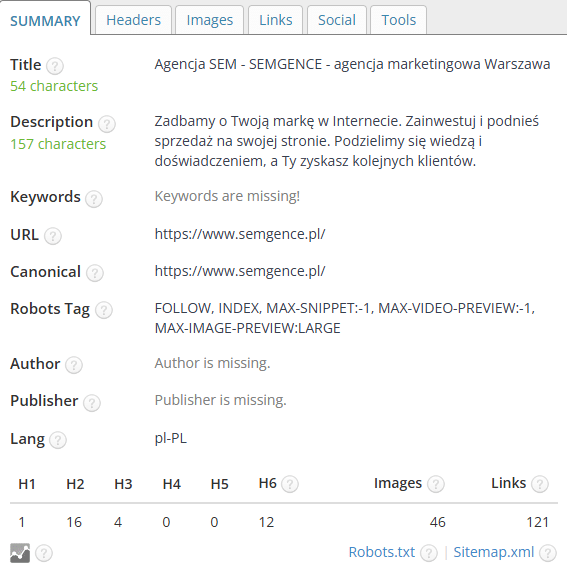 Nagłówki i struktura treści w witrynie Semgence.