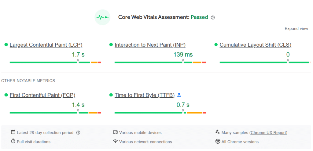 Wynik wydajności strony Semgence.