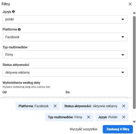 filtrowanie w bibliotece reklam