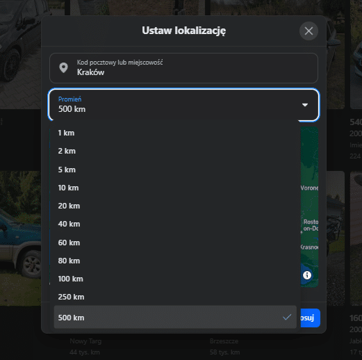 ustawianie lokalizacji na Facebook Marketplace