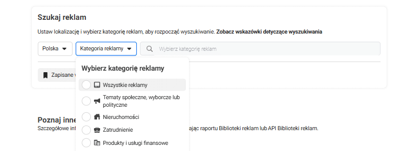 wybór kraju i kategorii reklam