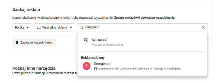wyszukiwanie nazwy firmy w bibliotece reklam