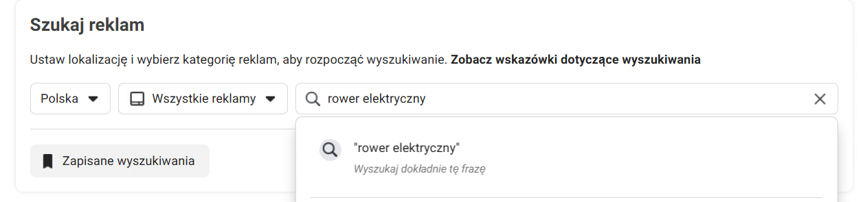 wyszukiwanie słowa kluczowego w bibliotece reklam
