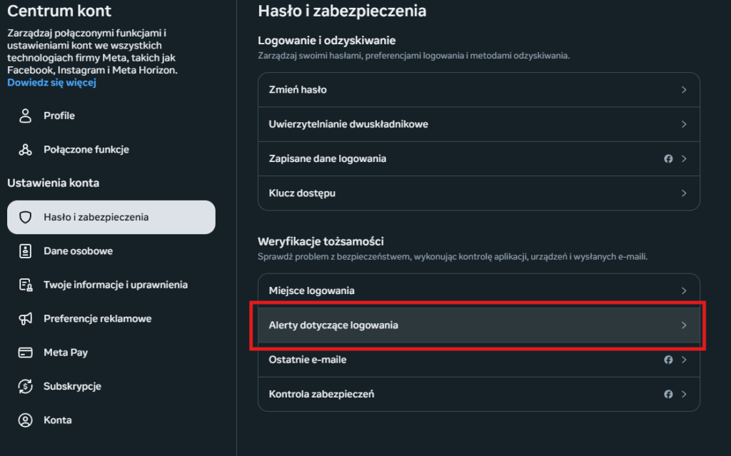 alerty dotyczące logowania na FB