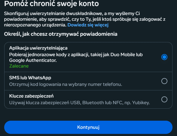 uwierzytelnienie dwuskładnikowe - dostępne opcje
