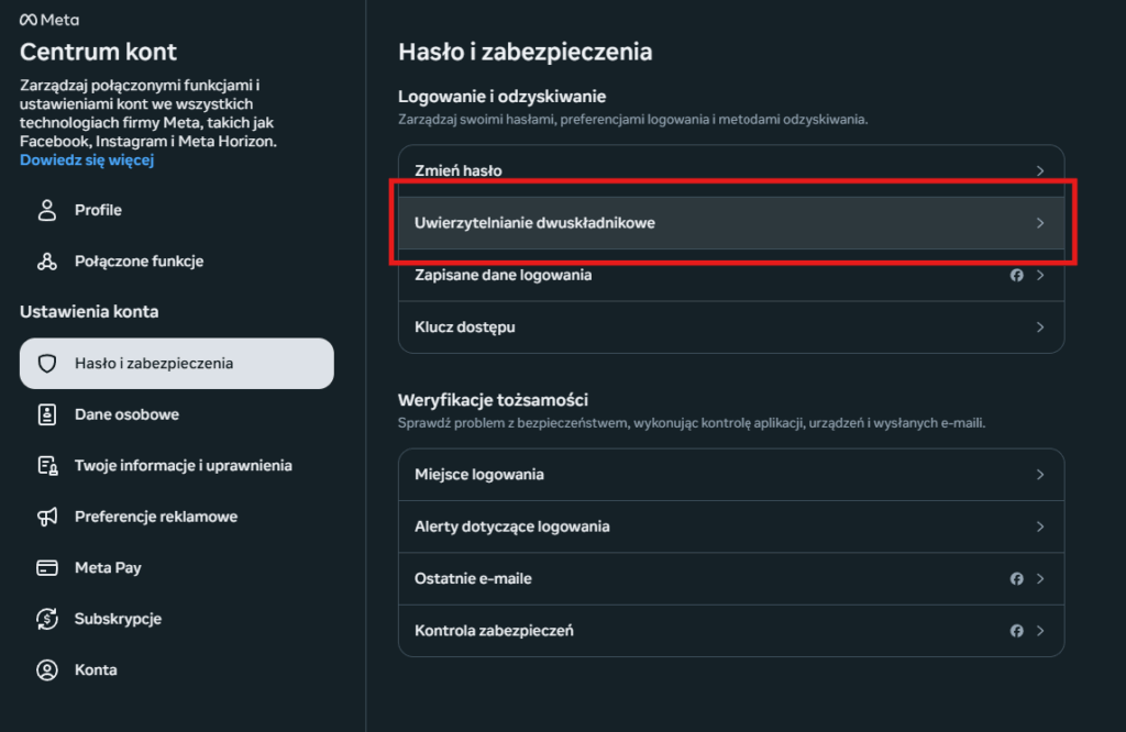 uwierzytelnienie dwuskładnikowe na Facebooku