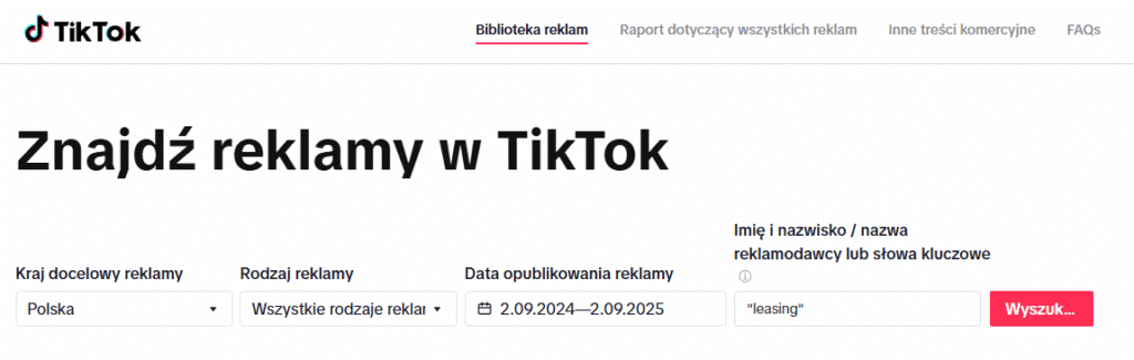 wyszukiwanie reklam w Bibliotece reklam TikToka