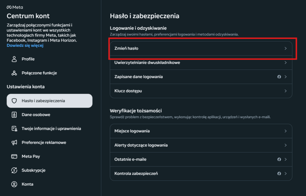 zmiana hasła na Facebooku