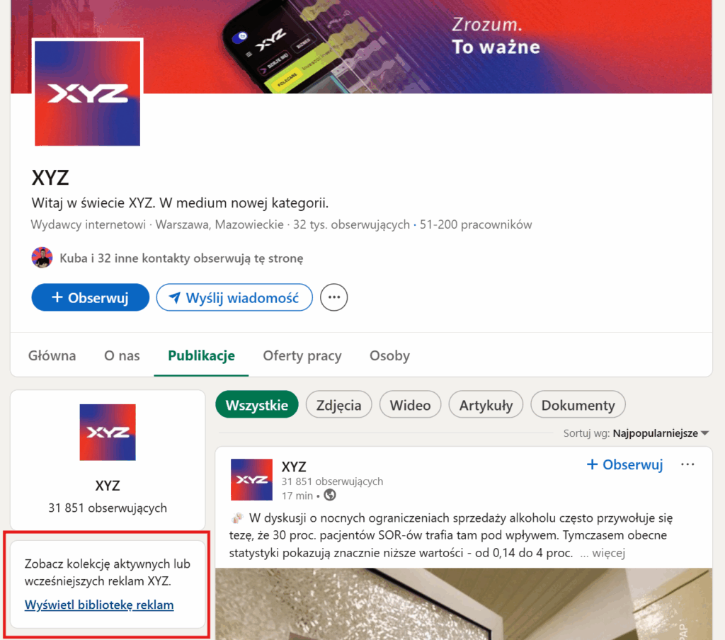 przechodzenie do biblioteki reklam na LinkedInie