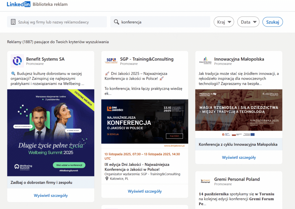 przeglądanie biblioteki reklam na LinkedIn