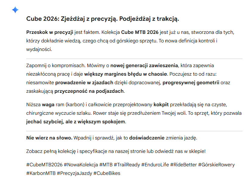 przykładowa treść posta wygenerowana przez Gemini