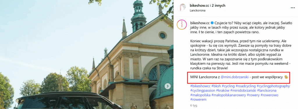 przykładowe oznaczenie współpracy na Instagramie