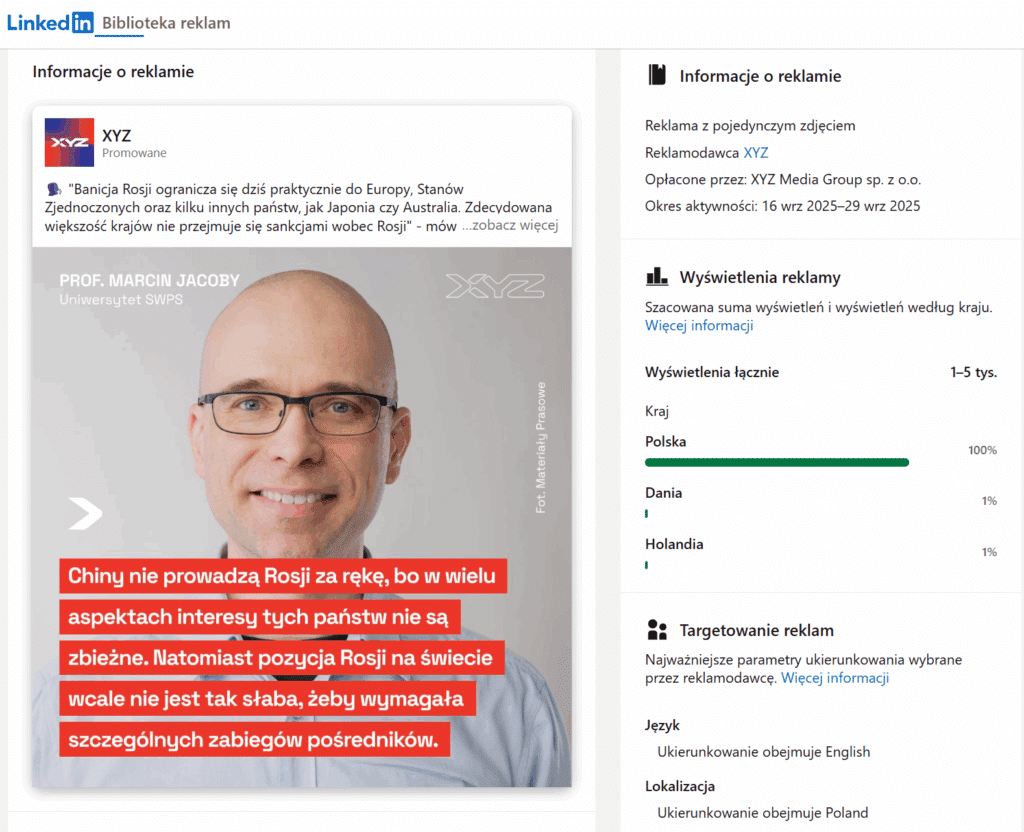 szczegóły dotyczące reklamy w Bibliotece reklam na LinkedIn