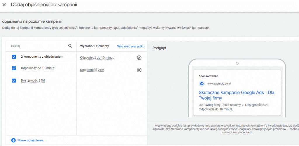 dodawanie objaśnień do reklam Google Ads
