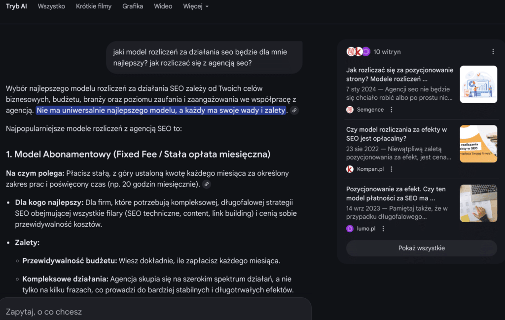 odpowiedź na prompt w trybie AI Mode w Google