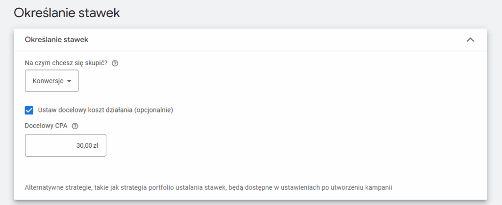 proces ustalania stawek na etapie tworzenia kampanii Google Ads