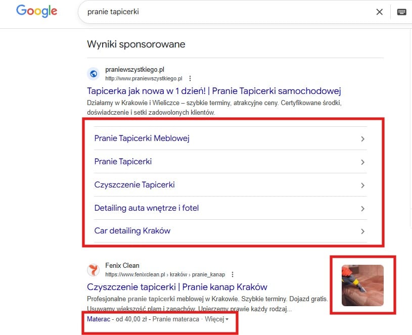 przykładowe reklamy Google Ads z rozszerzeniami