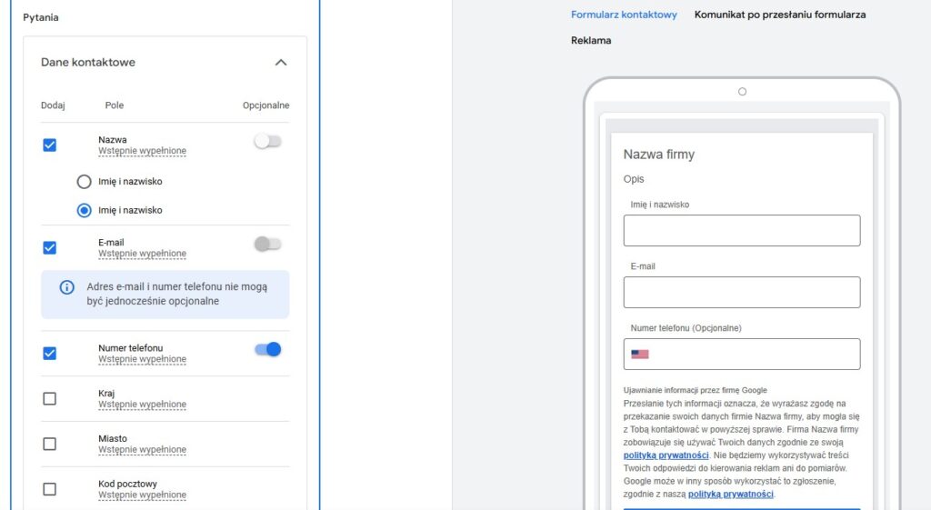 tworzenie formularza kontaktowego w Google Ads