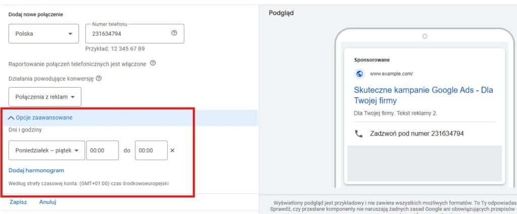 ustawianie harmonogramu wyświetlania kompontentu z możliwością wykonywania połączeń