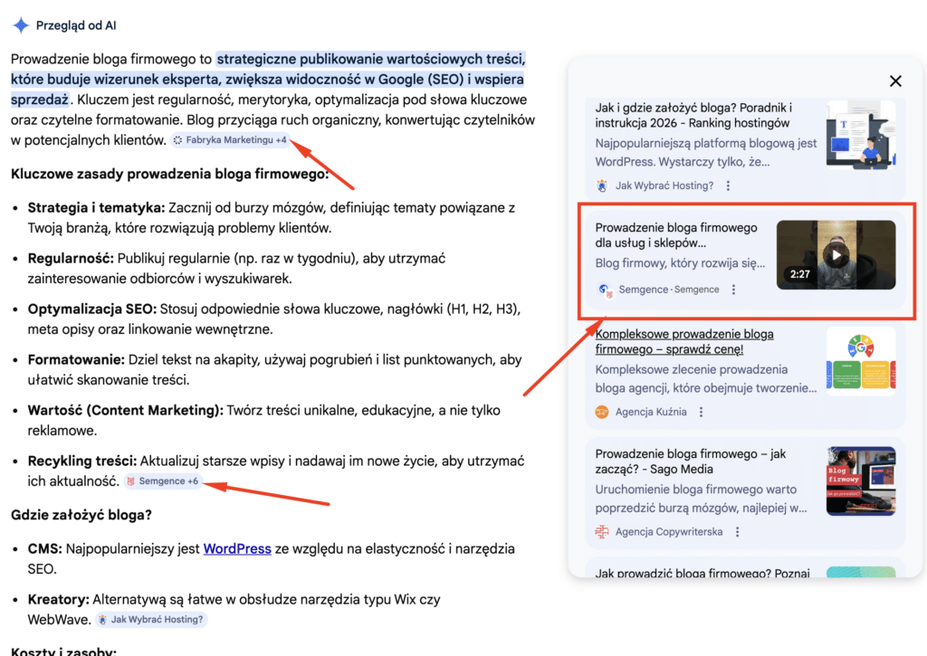 Widoczność kanału Youtube w wynikach AI Overviews oraz AI Mode