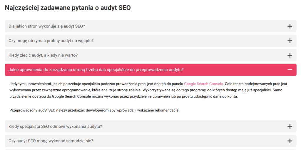sekcja FAQ na landing page