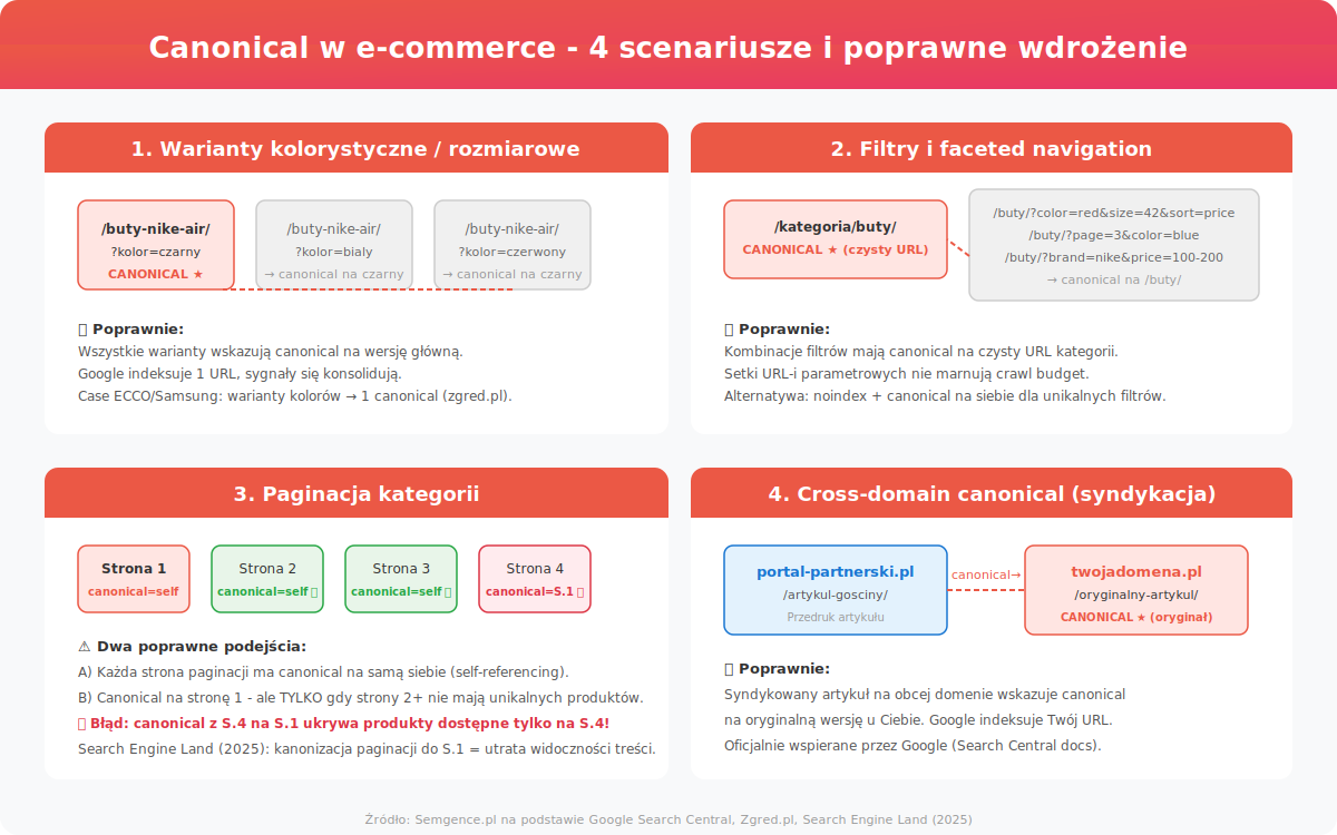 Canonical w e-commerce - 4 scenariusze: warianty produktow, filtry, paginacja i cross-domain