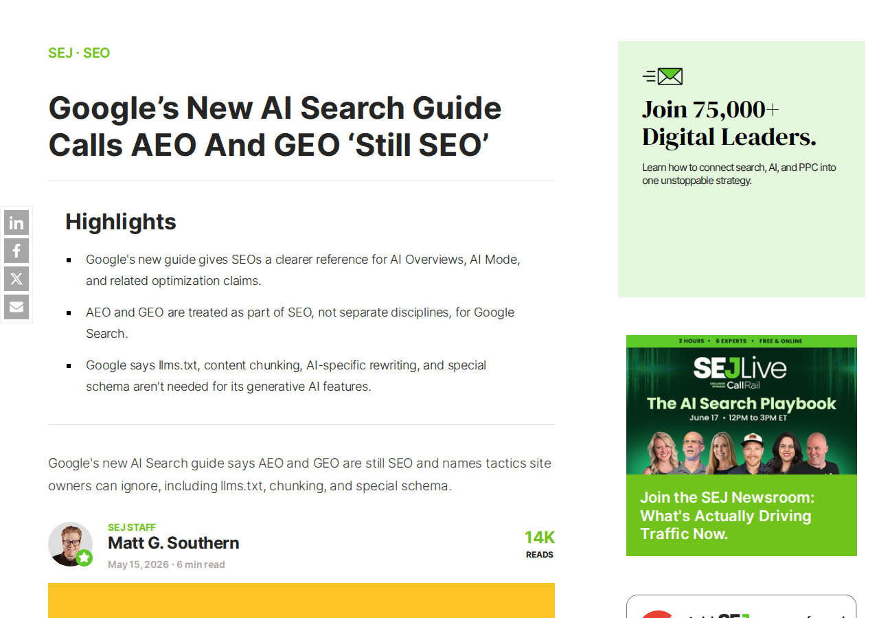 Search Engine Journal - Google potwierdza ze AEO i GEO to nadal SEO - maj 2026