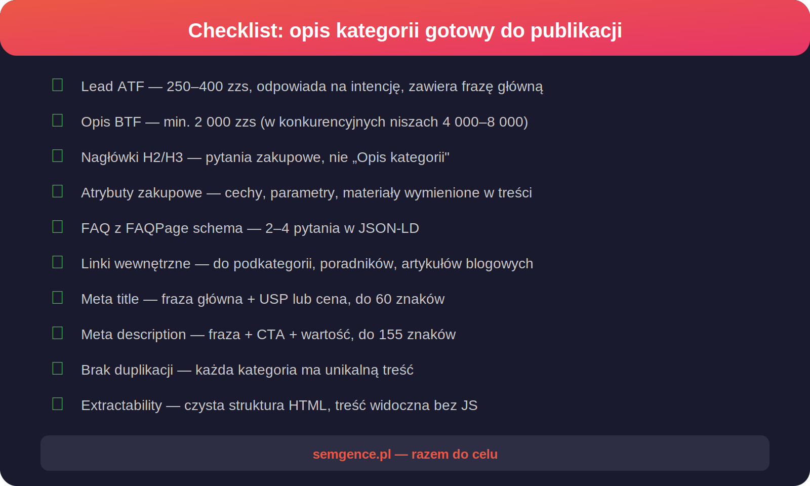 Checklist opisu kategorii gotowego do publikacji - 10 punktów
