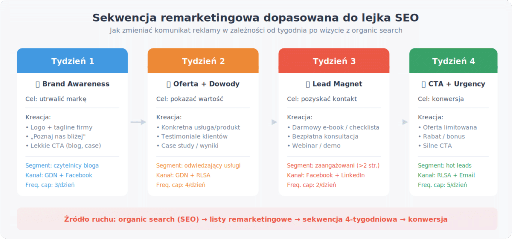 Sekwencja remarketingowa 4-tygodniowa dopasowana do lejka SEO — od brand awareness przez ofertę po konwersję