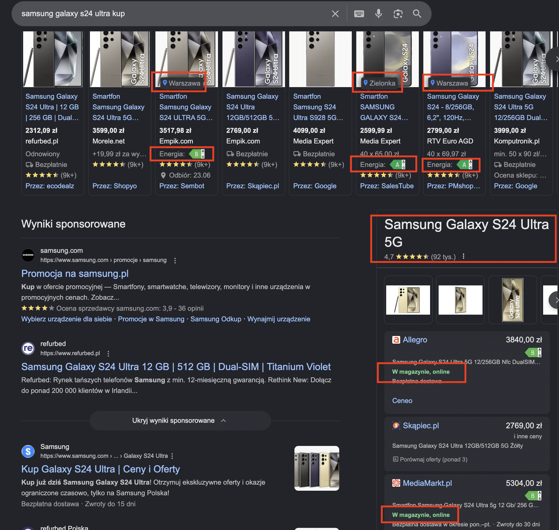 Google SERP samsung galaxy s24 ultra kup - produkty sponsorowane z cenami, local inventory piny Warszawa i Zielonka, Knowledge Panel 4.7 gwiazdek na podstawie 92 tys. recenzji, Allegro W magazynie online