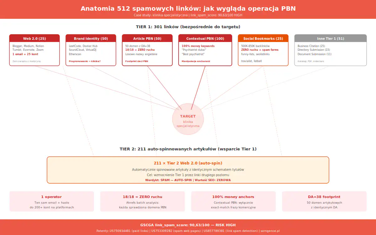 Anatomia 512 spamowych linków PBN: 9 kategorii w 2 tierach, 1 operator, 18/18 domen zero ruchu, score 90.63