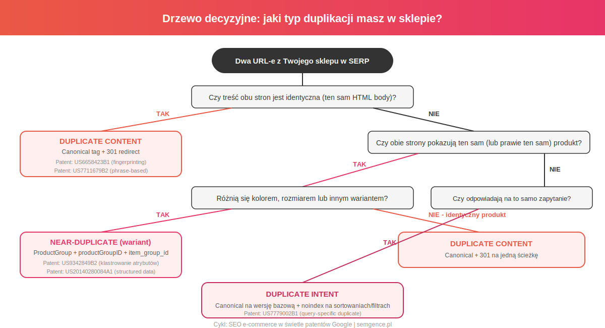 Drzewo decyzyjne: jaki typ duplikacji masz w sklepie - duplicate content, near-duplicate wariant, duplicate intent
