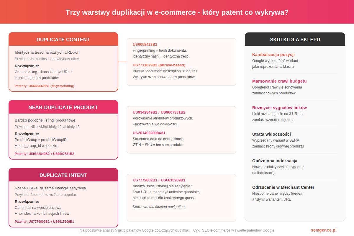 Trzy warstwy duplikacji w e-commerce - duplicate content, near-duplicate produkt, duplicate intent - patenty Google
