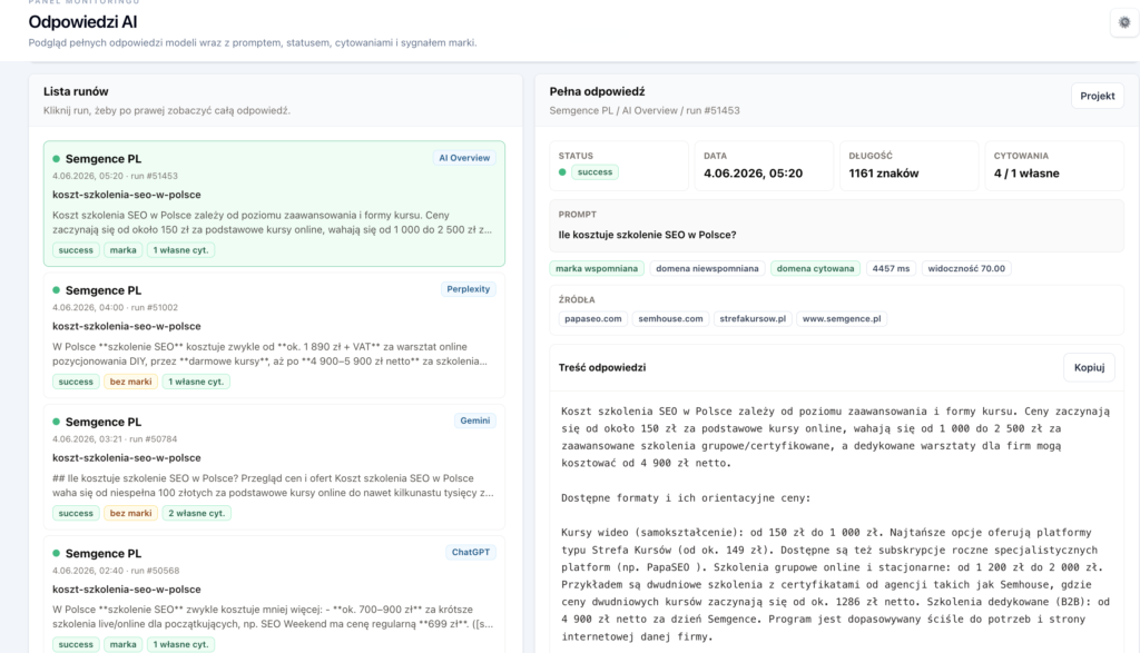 Przykład odpowiedzi z AI analizowany w systemie monitoringu w Semgence