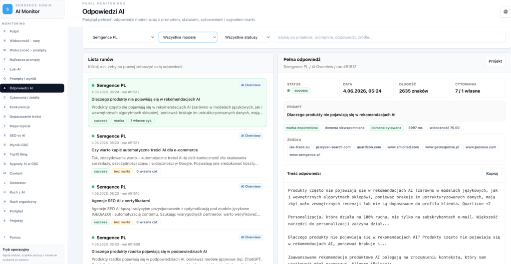 Wewnętrzny system monitorowania i badania promptów firmy Semgence