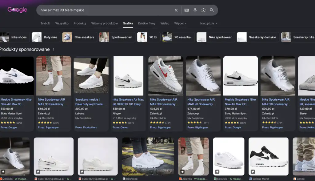 Google Images z merchant listings dla zapytania nike air max 90 - produkty sponsorowane z cenami, ocenami i dostawą