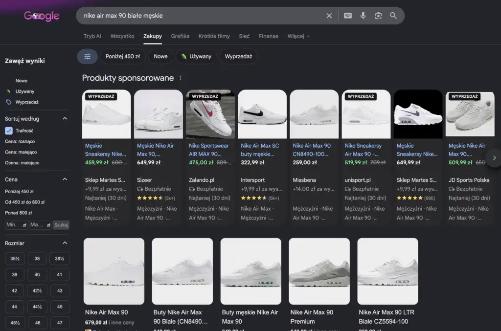 Google Shopping dla zapytania nike air max 90 białe męskie - karty produktowe z cenami, ocenami, dostawą i filtrami rozmiarów