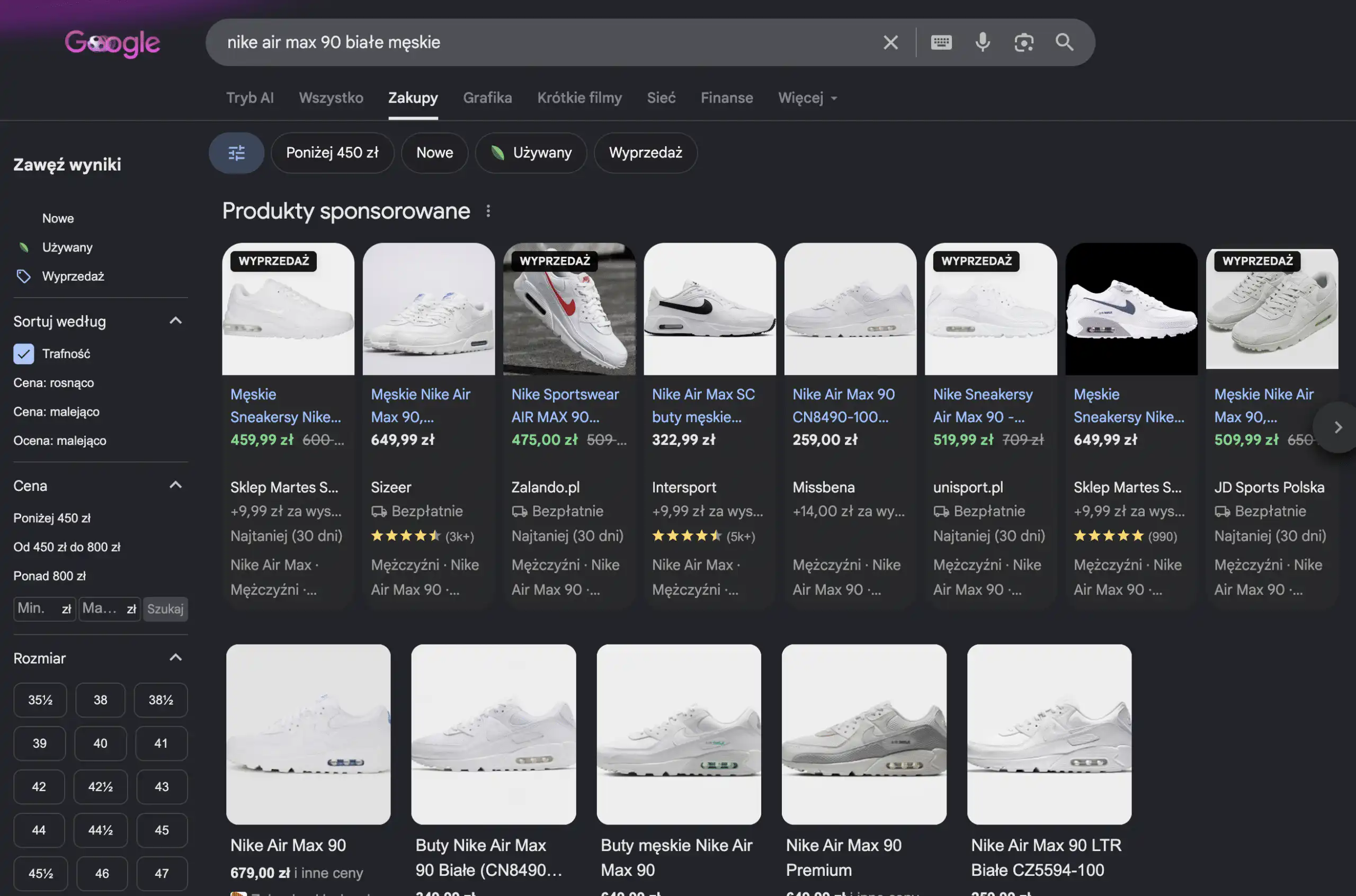 Google Shopping dla zapytania nike air max 90 białe męskie - karty produktowe z cenami, ocenami, dostawą i filtrami rozmiarów