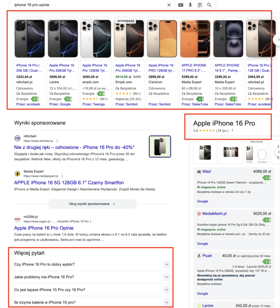 Google SERP dla zapytania iphone 16 pro opinie - Knowledge Panel z oceną 4.6 gwiazdek, PAA z aspektami produktu, karty zakupowe