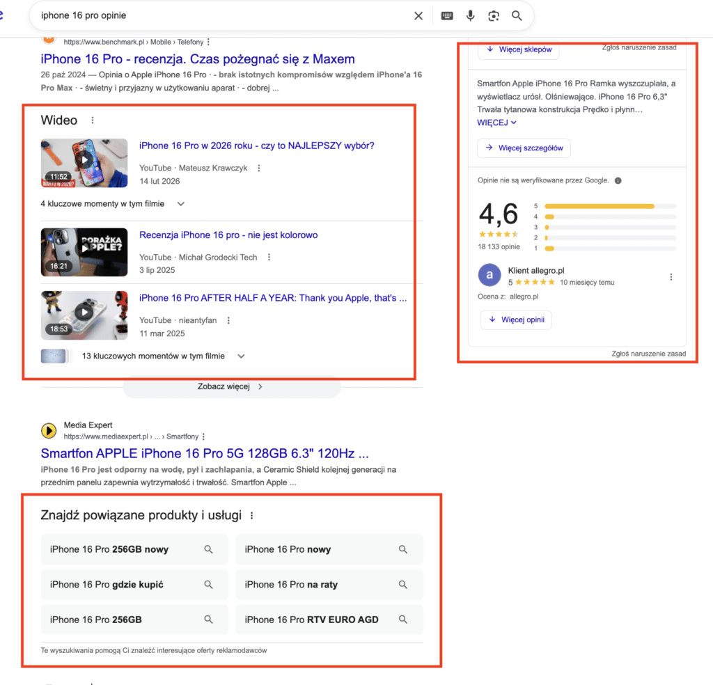 Google SERP dla zapytania iphone 16 pro opinie - PAA pytania aspektowe o baterii, problemach i porównaniu z iPhone 15 Pro