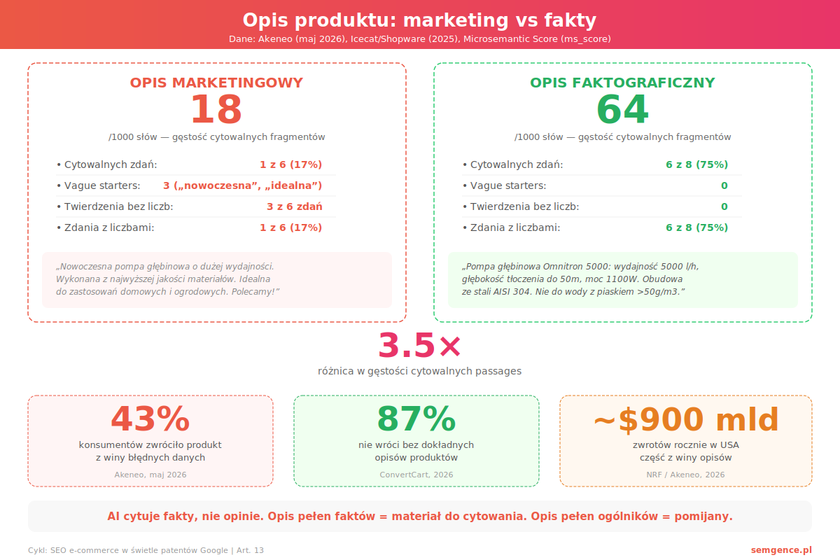 Infografika porownanie opisu marketingowego i faktograficznego produktu - gestosc cytowalnych fragmentow 18 vs 64 na 1000 slow