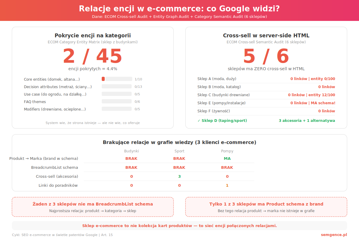 Infografika relacje encji w ecommerce - 2 z 45 encji pokrytych i 5 z 6 sklepow zero cross-sell w HTML