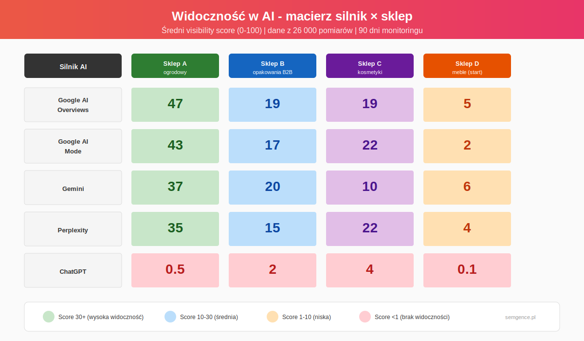 Macierz widocznosci w AI - porownanie 5 silnikow AI dla 4 polskich sklepow internetowych