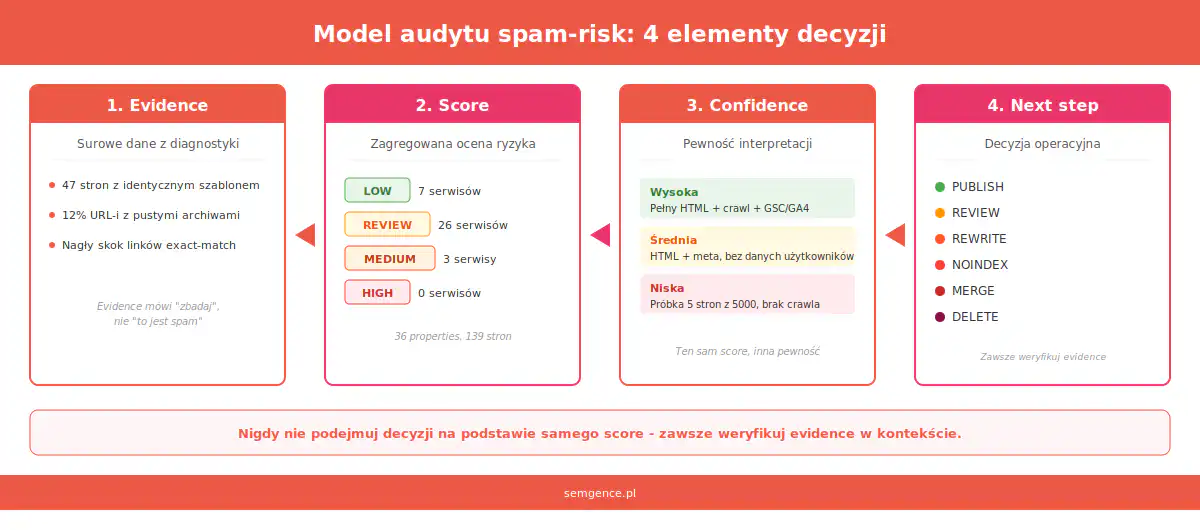 Model audytu spam-risk - 4 elementy decyzji: evidence, score, confidence, next step