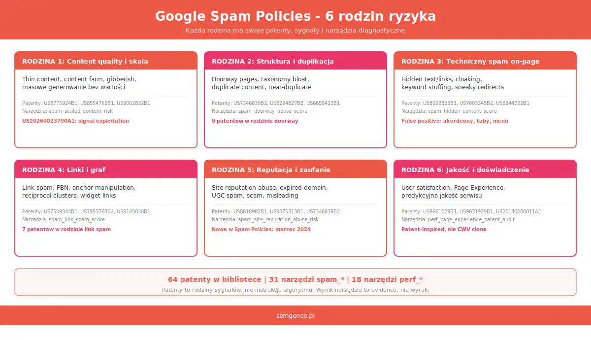 Google Spam Policies - mapa 6 rodzin ryzyka spamowego z patentami i narzędziami diagnostycznymi