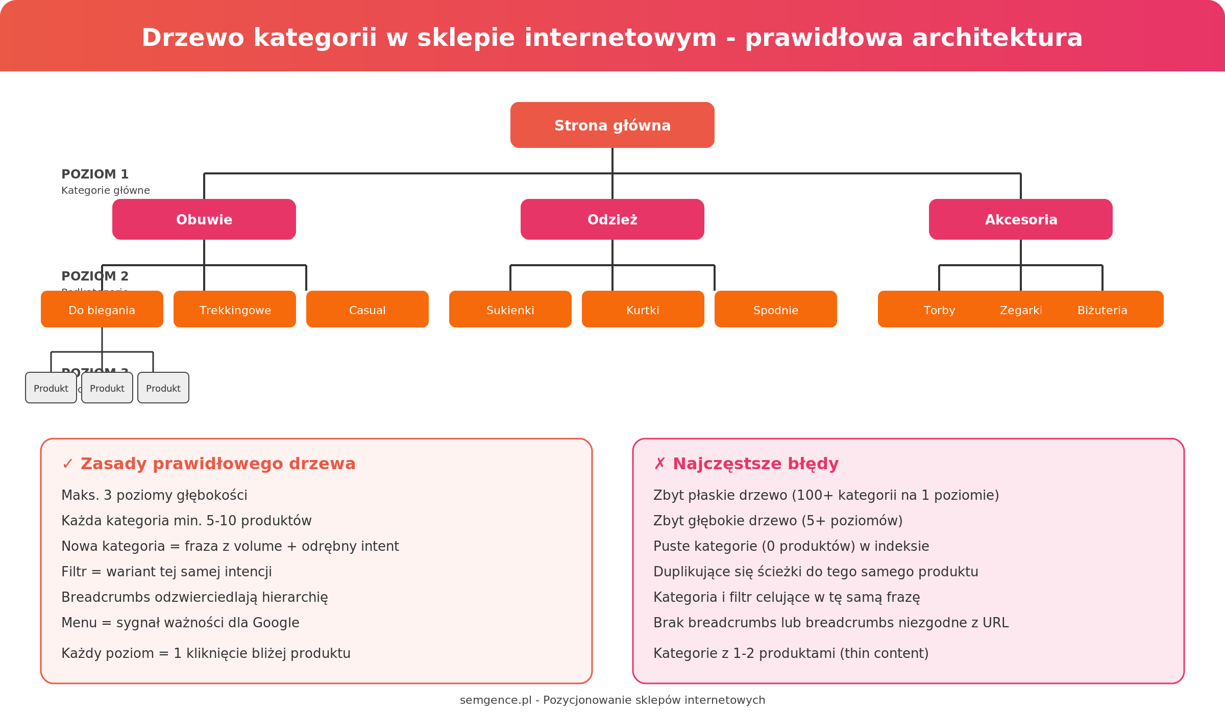 Schemat drzewa kategorii w sklepie internetowym - prawidlowa architektura 3 poziomow z przykladami