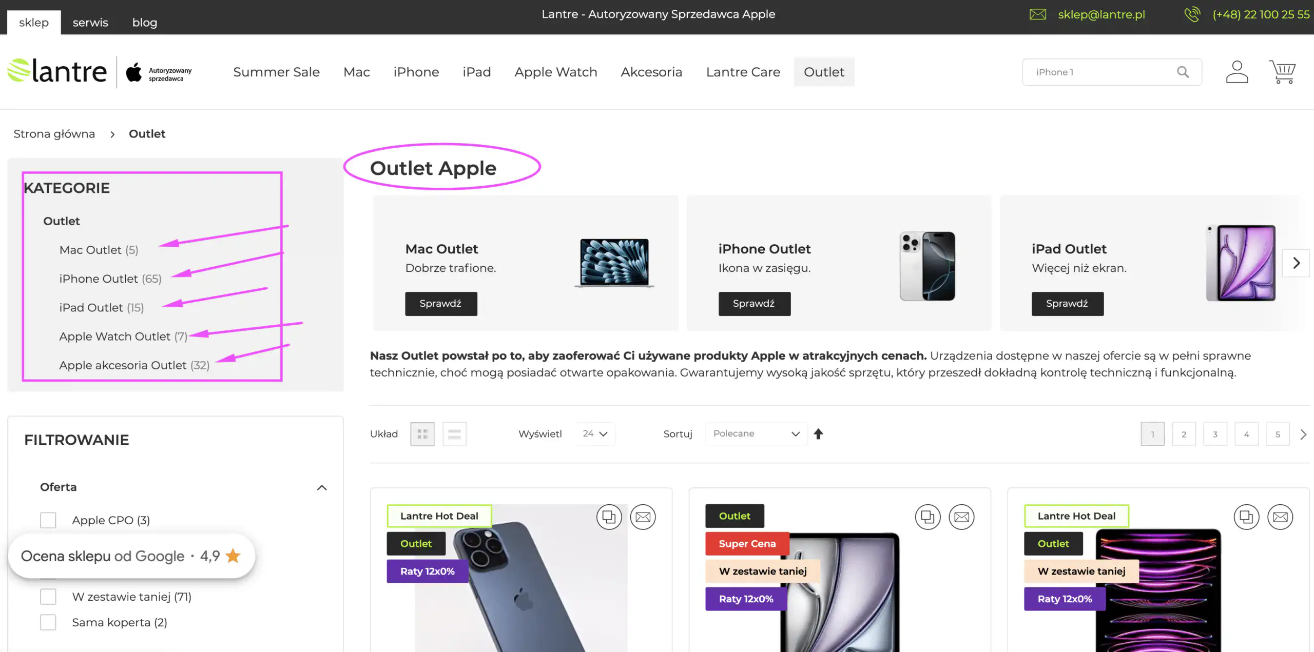 Strona outletowa Lantre z produktami Apple - przykład dobrze zorganizowanej strony outlet z kategoriami i filtrami